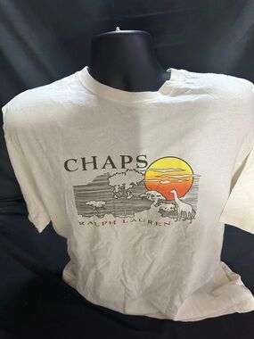 Ralph Lauren Chaps White Tee with Sunset Graphic-Y2K shirt-size L-#565